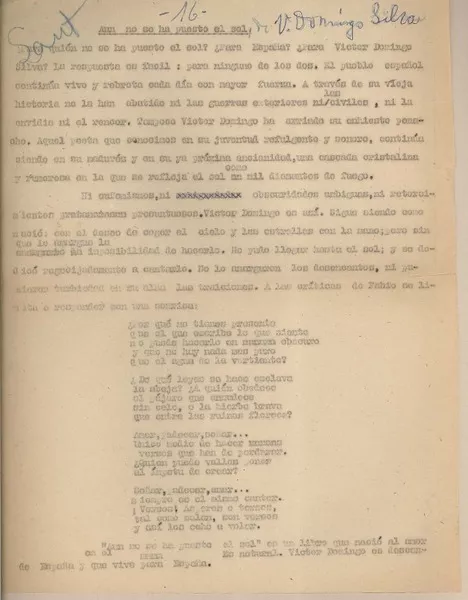 Aún no se ha puesto el sol por Víctor Domingo Silva.  [manuscrito] Fernando Santiván.