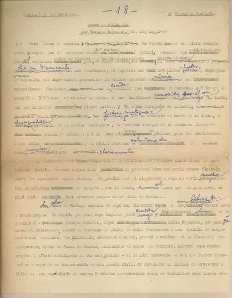 Aroma de Polinesia por Enrique Bunster  [manuscrito] Fernando Santiván.