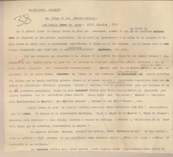 La plaza de las cuatro calles por Camilo Pérez de Arce  [manuscrito] Fernando Santiván.