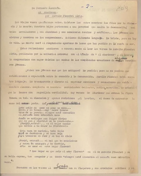 Al atardecer  [manuscrito] Fernando Santiván.