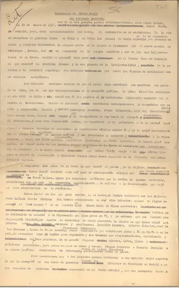 Centenario de Rubén Darío  [manuscrito] Fernando Santiván.