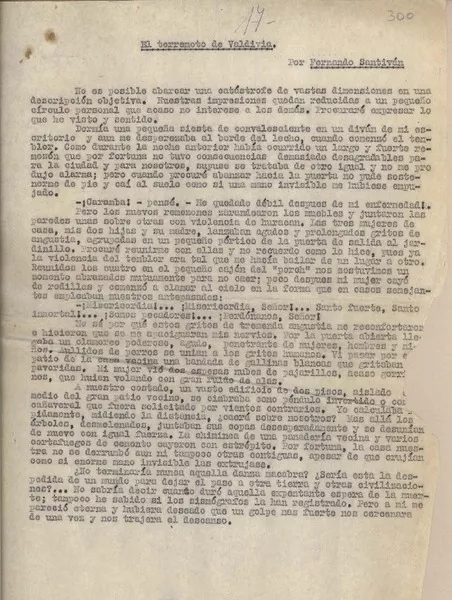 El terremoto de Valdivia  [manuscrito] Fernando Santiván.