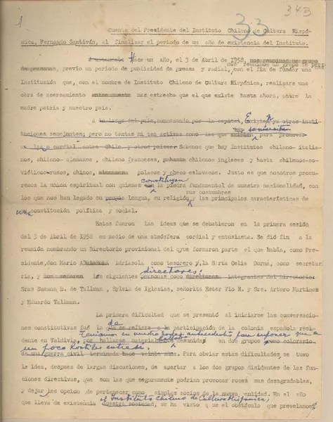 Cuenta anual del presidente  [manuscrito] Instituto Chileno de Cultura Hispánica.