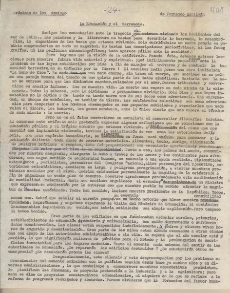 La educación y el terremoto  [manuscrito] Fernando Santiván.