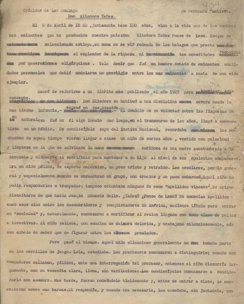 Don Eliodoro Yañez  [manuscrito] Fernando Santiván.