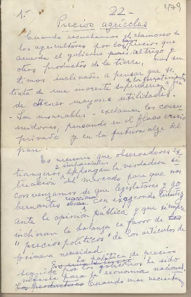 Precios agrícolas  [manuscrito] Fernando Santiván.