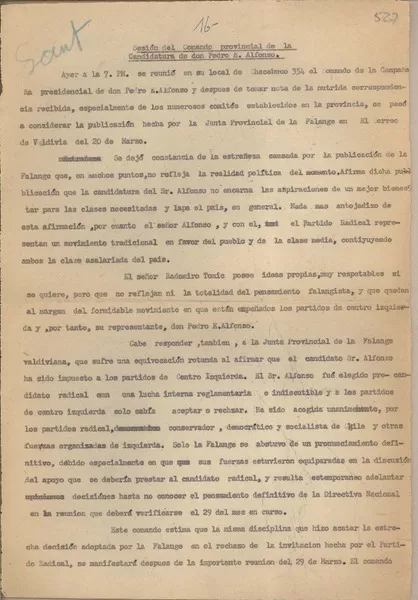 Sesión del comando provincial de la candidatura de don Pedro E. Alfonso  [manuscrito] Fernando Santiván.