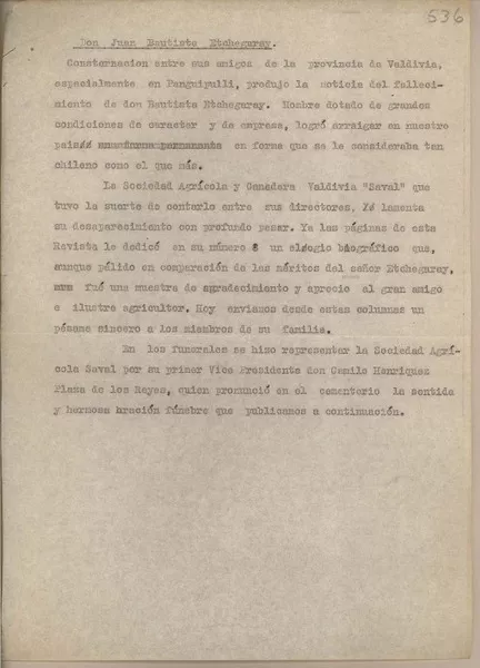 Don Juan Bautista Etchegaray  [manuscrito] Fernando Santiván.