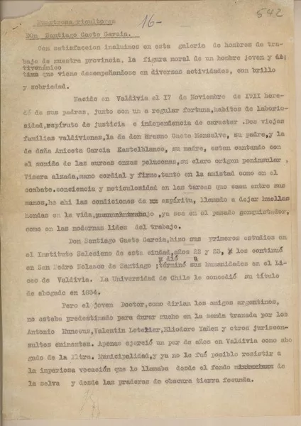 Nuestros agricultores don Santiago Gaete García  [manuscrito] Fernando Santiván.