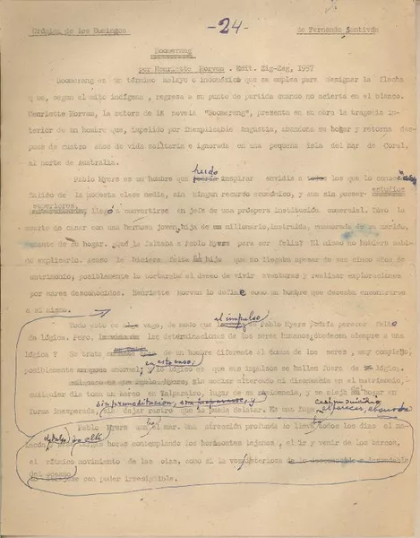 Boomerang  [manuscrito] Fernando Santiván.