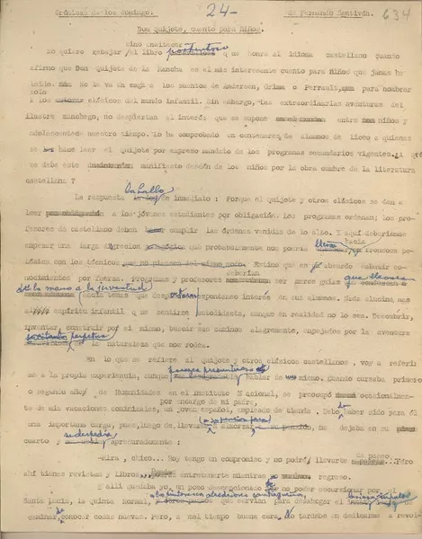 Don Quijote, cuento para niños  [manuscrito] Fernando Santiván.