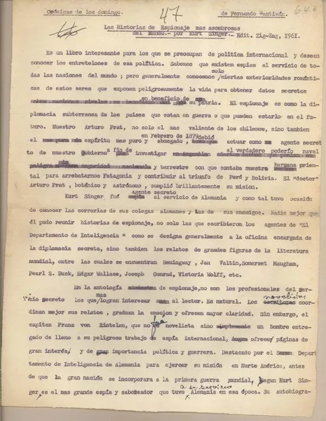 Las historias de espionaje más asombrosas del mundo  [manuscrito] Fernando Santiván.