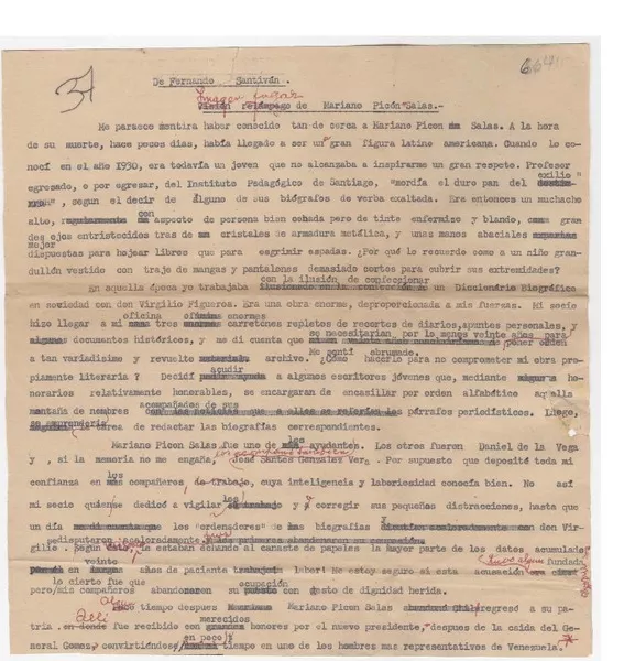 Imagen fugaz de Mariano Picón Salas  [manuscrito] Fernando Santiván.