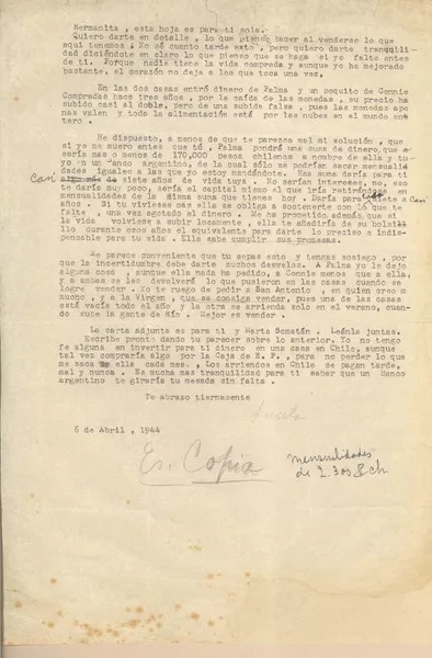 [Carta] 1944 abr. 6, [Petrópolis, Brasil?] [a] Emelina Molina, [Chile]  [manuscrito] Lucila [Godoy Alcayaga].