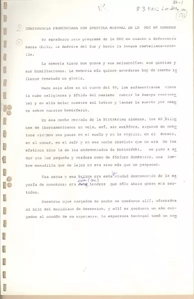 Conferencia pronunciada por Gabriela Mistral en la BBC de Londres  [manuscrito] [Gabriela Mistral].