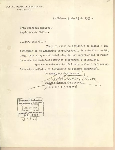 [Carta] 1939 jun. 23, La Habana, [Cuba] [a] Gabriela Mistral, República de Chile  [manuscrito] Eduardo Sánchez de Fuentes.