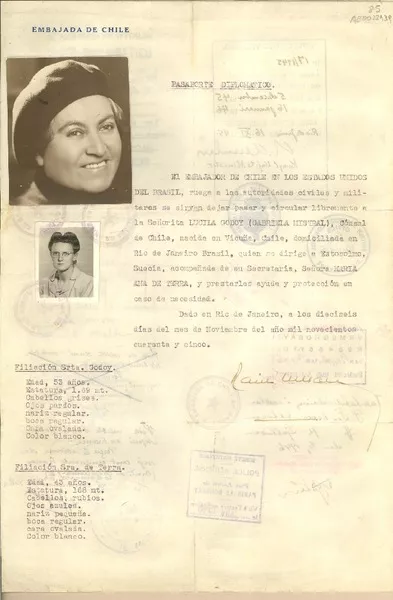 [Pasaporte diplomático] [a] Gabriela Mistral y su secretaria la Sra. María Ana de Terra  [manuscrito] Embajador de Chile en los Estados Unidos del Brasil.