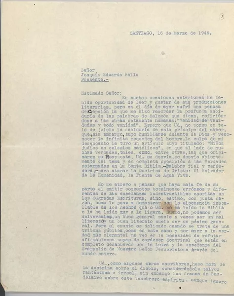 [Carta] 1946 mar. 16 Santiago, Chile [a] Joaquín Edwards Bello  [manuscrito] L. Cornejo S.