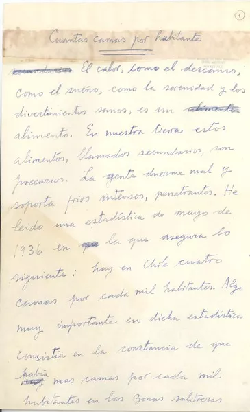 Cuántas camas por habitantes  [manuscrito] Joaquín Edwards Bello.