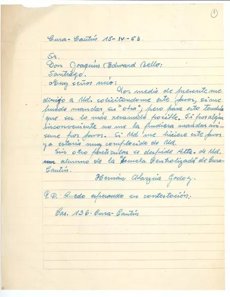 [Carta] 1953 abr. 15, Curacautín, Chile [a] Joaquín Edwards Bello  [manuscrito] Hernán Abarzúa.