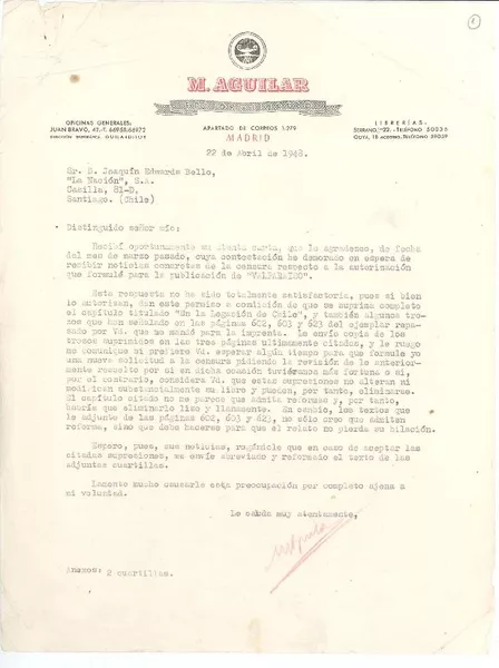 [Carta] 1948 abr. 22, Madrid, España [a] Joaquín Edwards Bello, Santiago, Chile  [manuscrito] M. Aguilar.