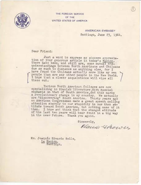 [Carta] 1944 jun. 23, Santiago, Chile [a] Joaquín Edwards Bello  [manuscrito] Claude G. Bowers.