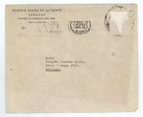 [Carta] 1957 feb. 21, Valparaíso, Chile [a] Joaquín Edwards Bello  [manuscrito] Roberto Zegers de la Fuente.