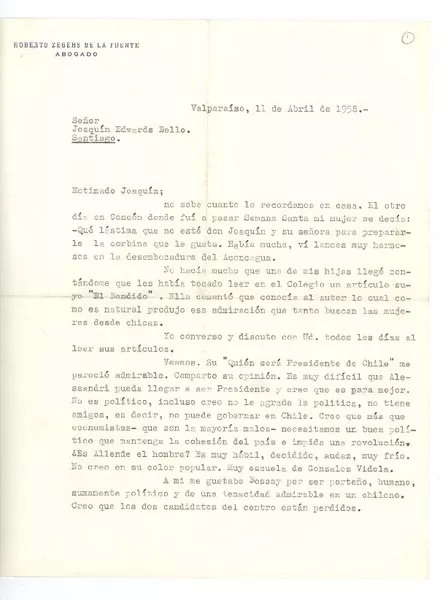 [Carta] 1958 abr. 11, Valparaíso, Chile [a] Joaquín Edwards Bello  [manuscrito] Roberto Zegers de la Fuente.