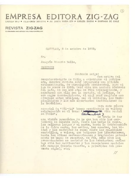 [Carta] 1959 oct. 8, Santiago, Chile [a] Joaquín Edwards Bello  [manuscrito] Reinaldo Lomboy.