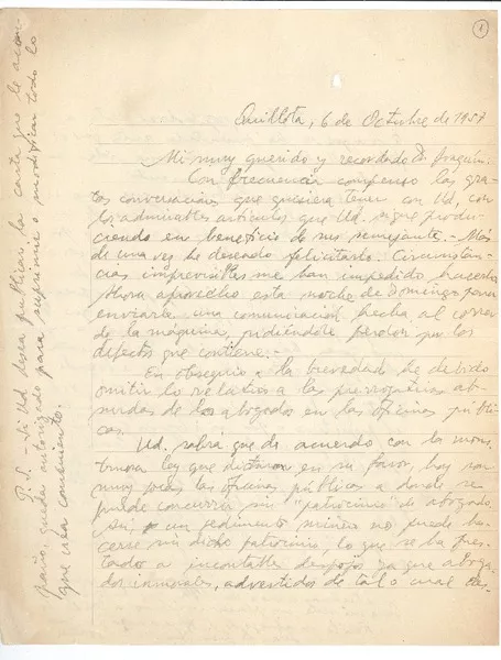 [Carta] 1957 oct. 6, Quillota, Chile [a] Joaquín Edwards Bello  [manuscrito] Juan L. Jirón.