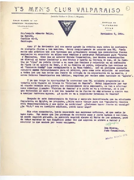 [Carta] 1956 nov. 2, Valparaíso, Chile [a] Joaquín Edwards Bello  [manuscrito] Mischa Brizeño.