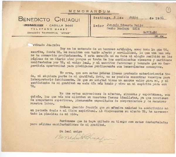 [Carta] 1951 jul. 6, Santiago, Chile [a] Joaquín Edwards Bello  [manuscrito] Benedicto Chuaqui.