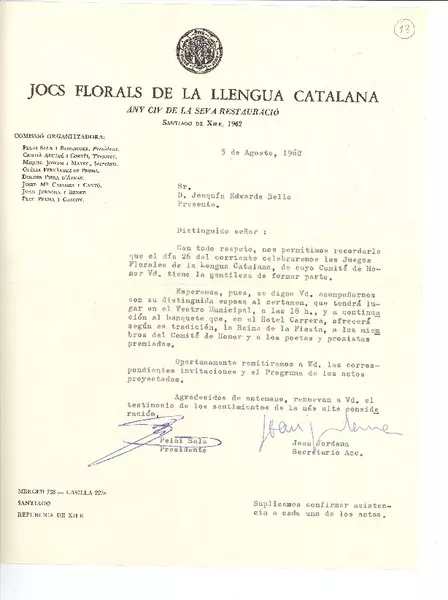 [Carta] 1962 ago. 5, Santiago, Chile [a] Joaquín Edwards Bello  [manuscrito] Pelai Sala i Berenguer y Joan Jordana.