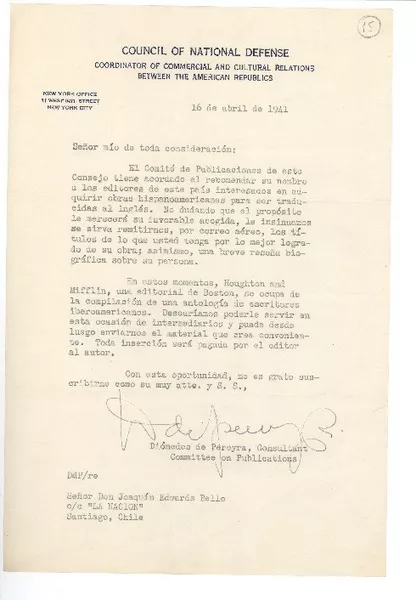 [Carta] 1941 abr. 16, Washington D.C. [a] Joaquín Edwards Bello, Santiago, chile  [manuscrito] Diómedes de Pereyra.