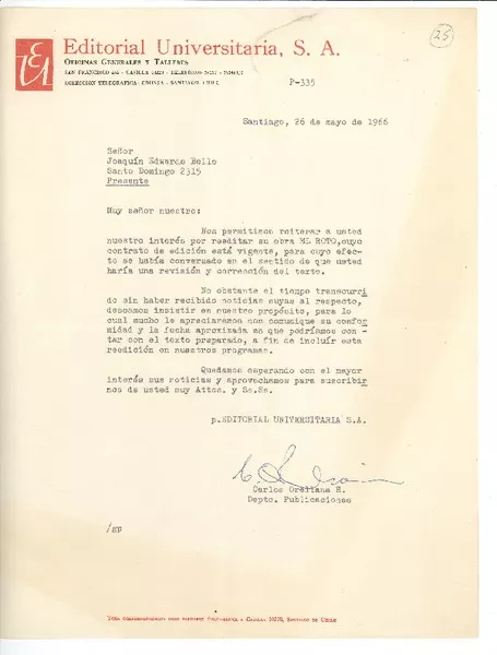 [Carta] 1966 may. 26, Santiago, Chile [a] Joaquín Edwards Bello  [manuscrito] Carlos Orellana.