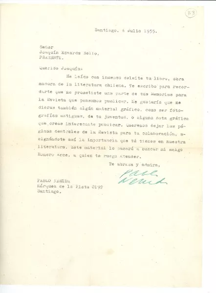 [Carta] 1955 jul. 6, Santiago, Chile [a] Joaquín Edwards Bello  [manuscrito] Pablo Neruda.
