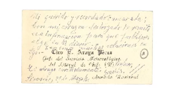 [tarjeta] 1961 may. 29, Limache, Chile [a] Joaquín Edwards Bello  [manuscrito] Ciro Araya Pérez.