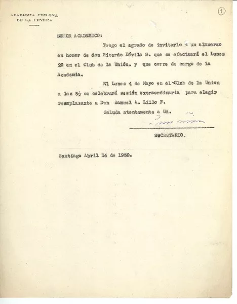 [Carta] 1959 abr. 14, Santiago, Chile [a] Joaquín Edwards Bello  [manuscrito] Pedro Lira Urquieta.