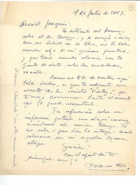 [Carta] 1957 jul. 9, Santiago, Chile [a] Joaquín Edwards Bello  [manuscrito] Camilo Mori.