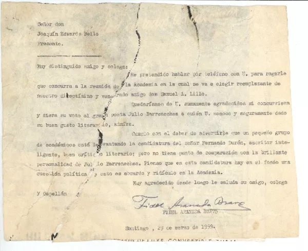 [Carta] 1959 mar. 29, Santiago, Chile [a] Joaquín Edwards Bello  [manuscrito] Fidel Araneda Bravo.