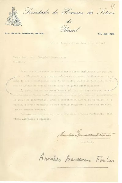 [Carta] 1942 feb. 28, Río de Janeiro, Brasil [a] Joaquín Edwards Bello  [manuscrito] Arnaldo Damasceno Freitas.