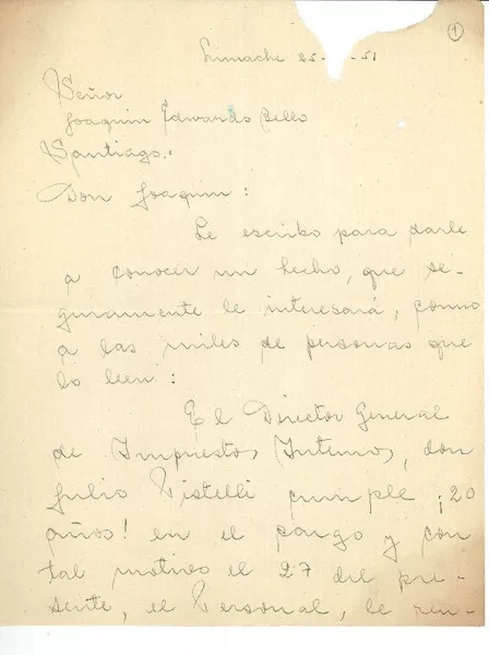 [Carta] 1951, Limache, Chile [a] Joaquín Edwards Bello  [manuscrito] Elías del Pozo Correa.