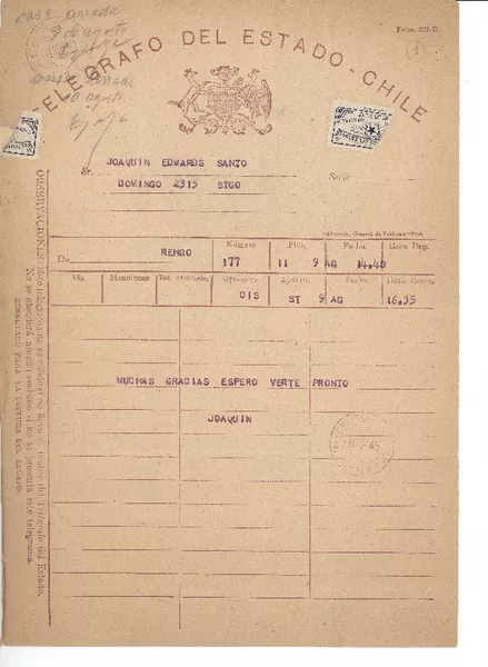 [Telegrama] 1945 ago. 8, Rengo, Chile [a] Joaquín Edwards Bello  [manuscrito] Joaquín Edwards D.