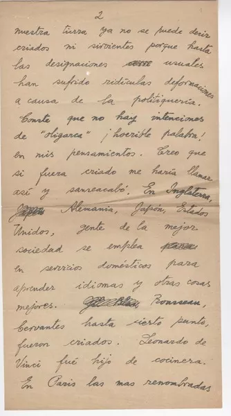 [En nuestra tierra ya no se puede decir criados...]  [manuscrito] Joaquín Edwards Bello.