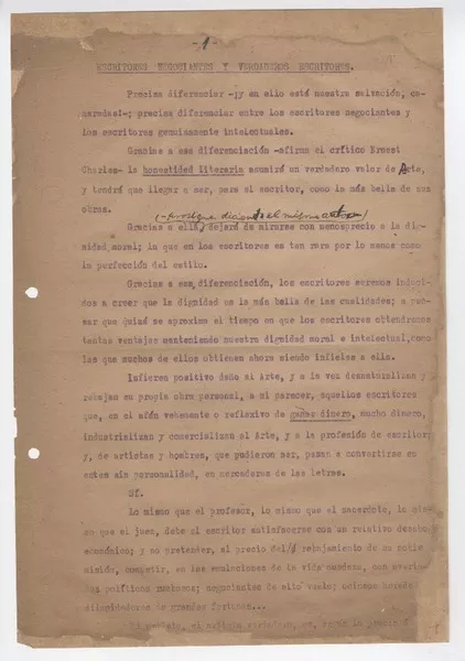 Escritores negociantes y verdaderos escritores  [manuscrito] Joaquín Edwards Bello.