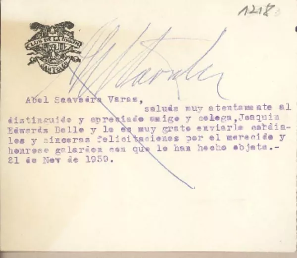 [Tarjeta] 1959 noviembre 21, Santiago, [Chile] [a] Joaquín Edwards Bello  [manuscrito] Abel Saavedra Varas.