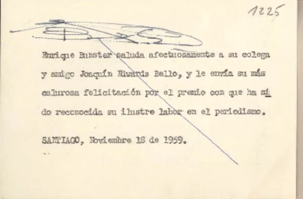 [Tarjeta] 1959, noviembre 18, Santiago, [Chile] [a] Joaquín Edwards Bello  [manuscrito] Enrique Bunster.