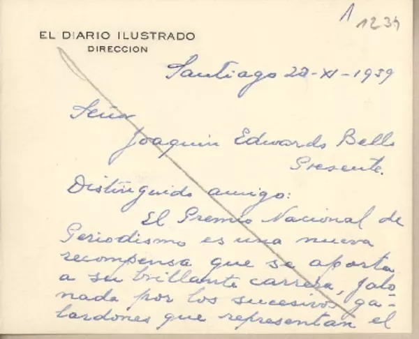 [Tarjeta] 1959 noviembre 20, Santiago, [Chile] [a] Joaquín Edwards Bello  [manuscrito] Ignacio García Henríquez.