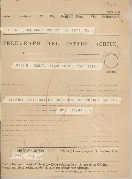 [Telegrama] 1959 noviembre 18, Valparaíso, [Chile] [a] Joaquín Edwards Bello  [manuscrito] Juan Palacios.