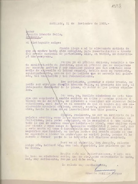 [Carta] 1959 noviembre 21, Santiago, [Chile] [a] Joaquín Edwards Bello  [manuscrito] Eduardo Murillo Vargas.